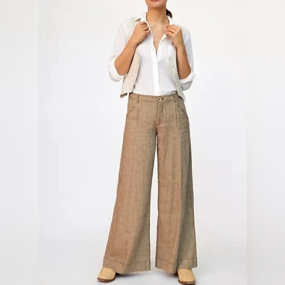 Anthropologie Linen Low-Rise Wide Leg Pants Tan Beige Waist 29 - Picture 3 of 15